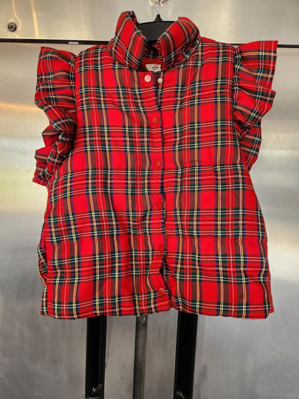 Entro Womens Puffer Vest M Red Tartan Plaid Ruffle Shoulder Snap Front Holiday